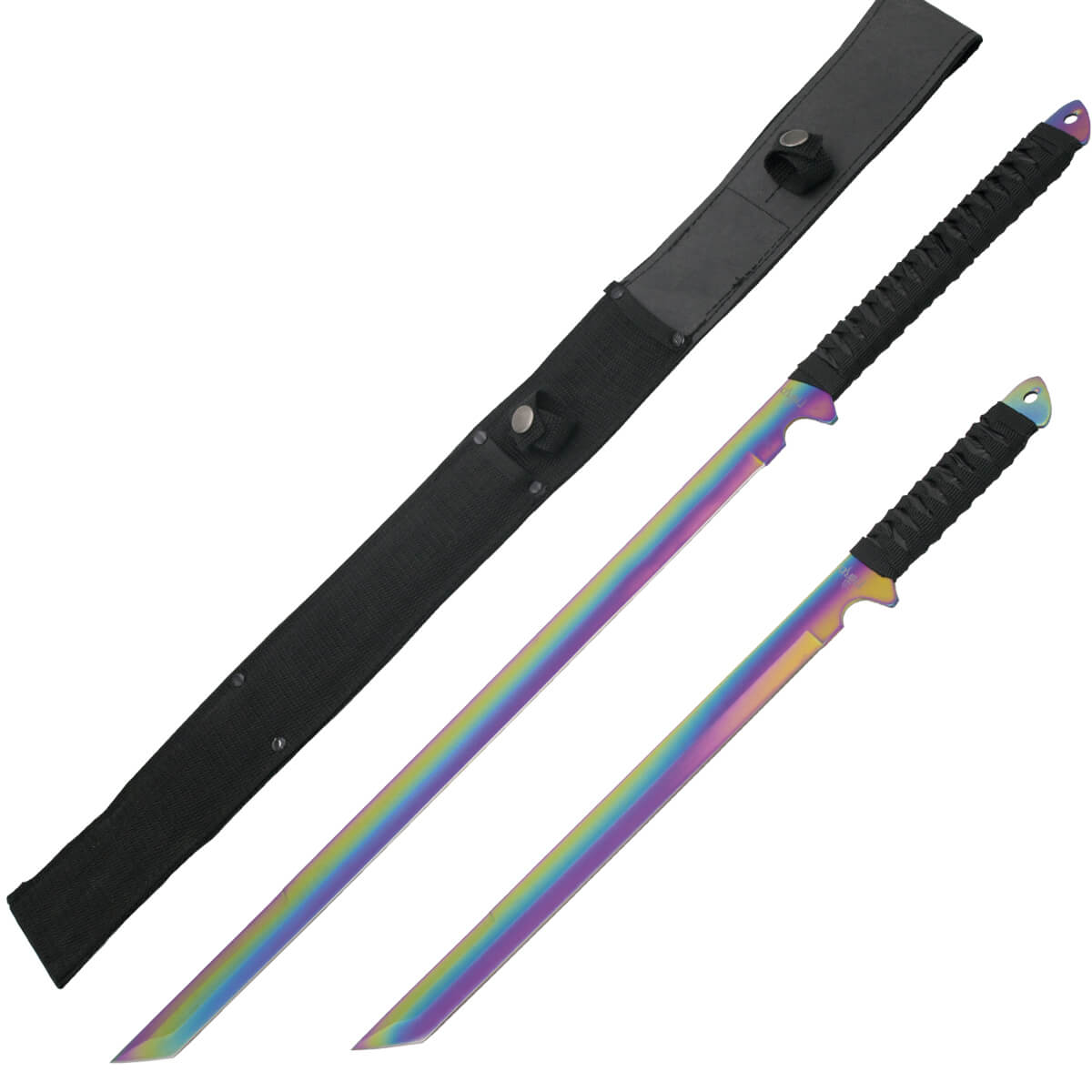 Set aus zwei Macheten mit Regenbogen-Finish und schwarzem Saiteng...