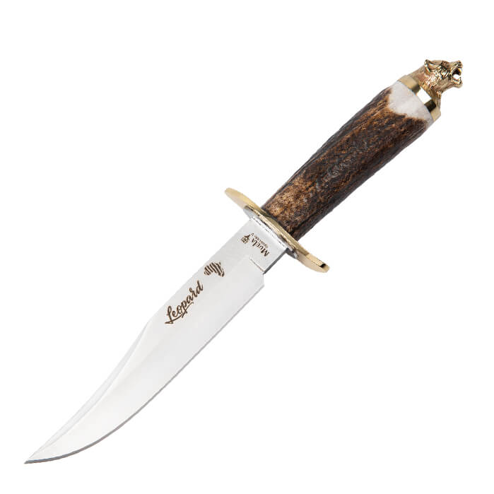 Cuchillo con puño de asta de ciervo, defensa latón e inox, pomo c...