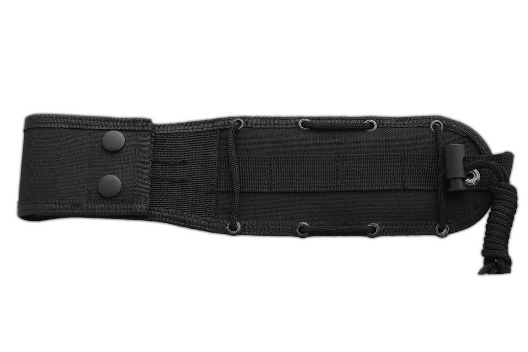 JV Chacal cuchillo bushcraft con mango de micarta naranja y hoja negra con funda de cordura