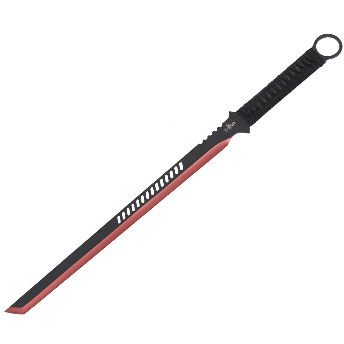 Machete mit schwarzem griff und schwarzem klinge mit einer roten ...