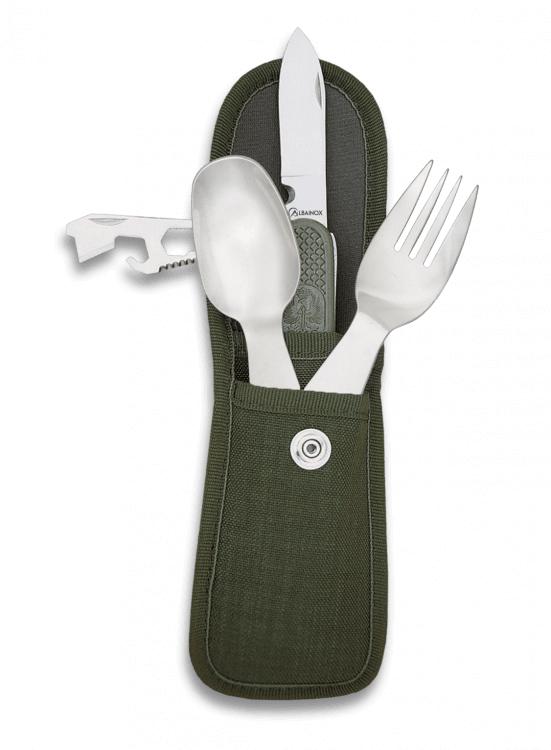 Albainox Camping-Set mit schwarzer Hülle, Löffel, Gabel und Mehrz...