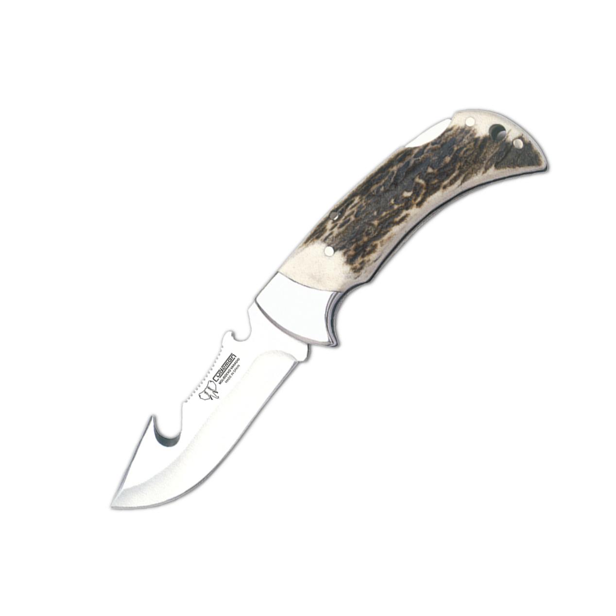 Navaja de caza Cudeman con mango en asta de ciervo. Hoja de 9 cm con punta desollador. Funda de cuero