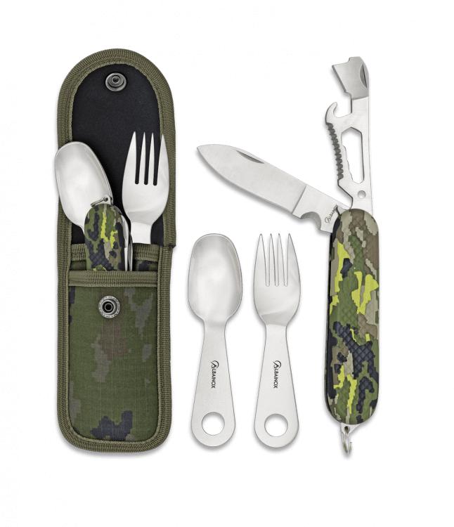 Grünes Camouflage Campingbesteck mit Nylonhülle