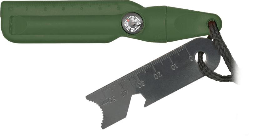 Pedra verde com apito e bússola apresentada em blister