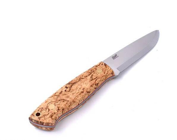Brisa Trapper 95 con mango de madera estabilizada de abedul rizado y hoja scandi de acero N690Co con funda Trapper