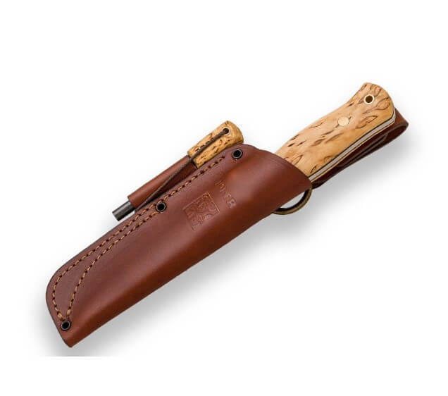 Cuchillo de bushcraft y supervivencia Joker Bushlore con mango de madera de abedul rizado con pedernal