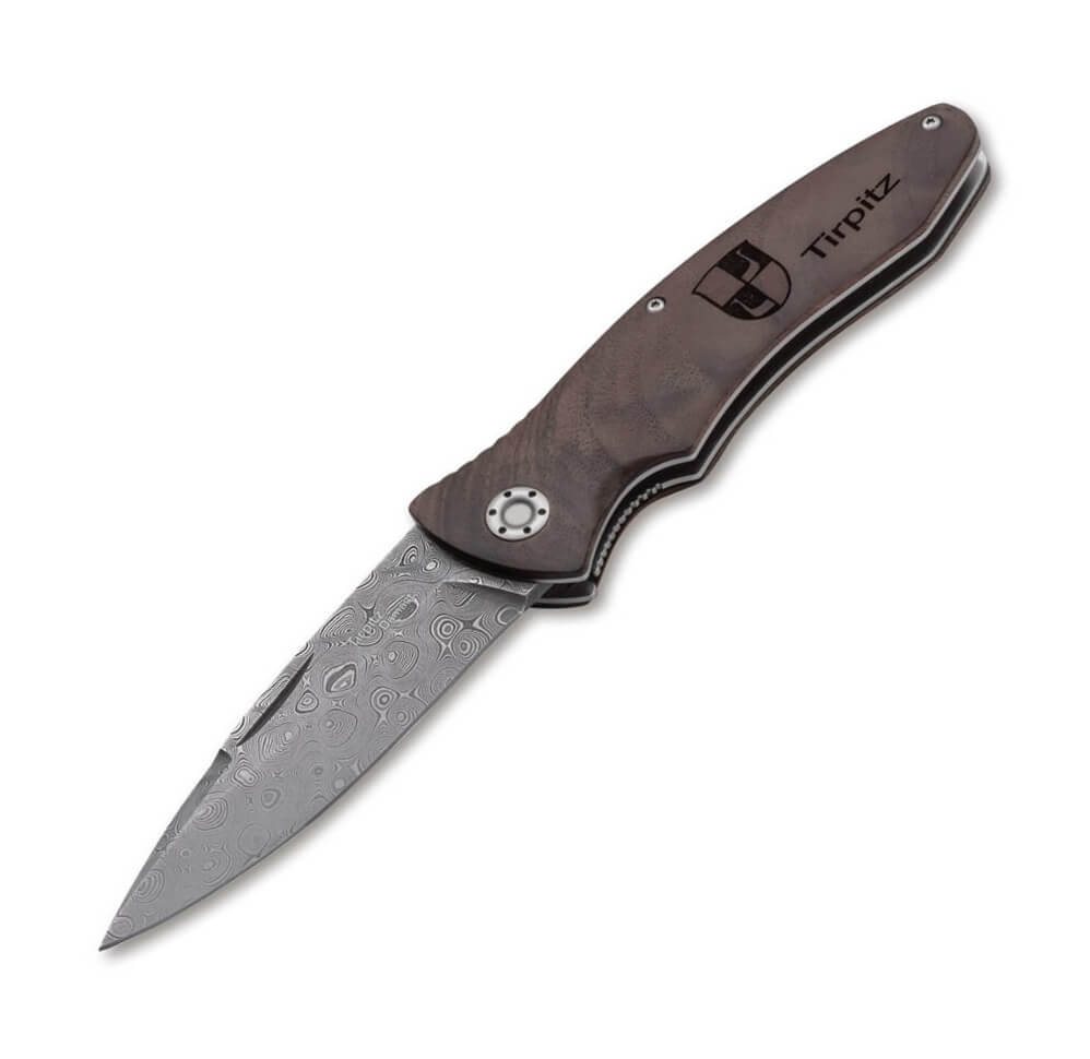 Navaja de colección Boker Tirpitz-Damast Wood 42 con hoja de dama...