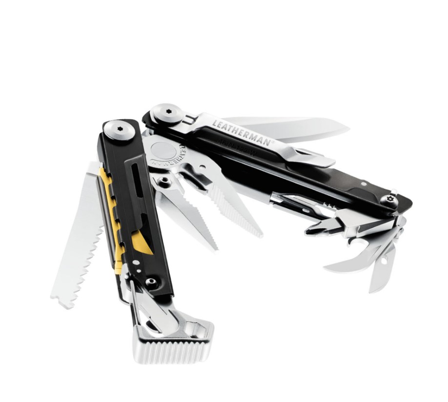 Outil multifonction Leatherman Signal avec manche noir et outils en acier inoxydable avec 19 utilisations