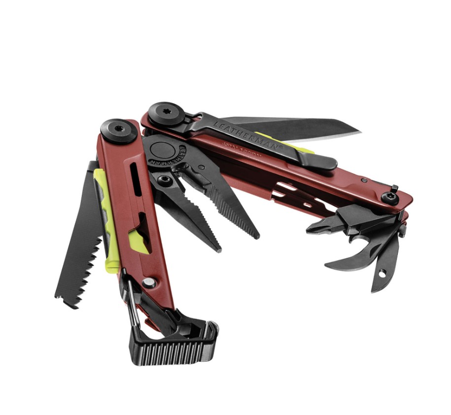 Multiherramienta Leatherman Signal con mango color granate y herramientas color negro con 19 usosc