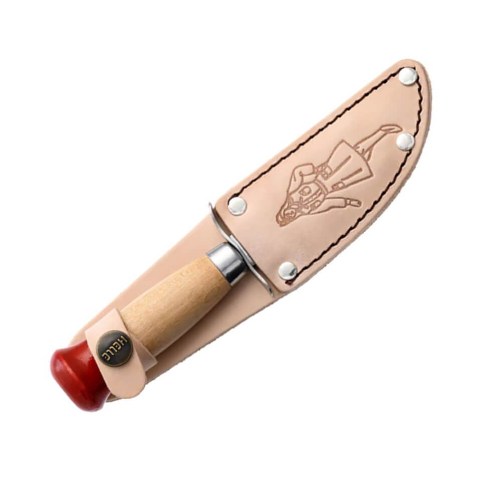 Cuchillo para niños Helle Spider Pike 04J con mango de abedul y pomo rojo