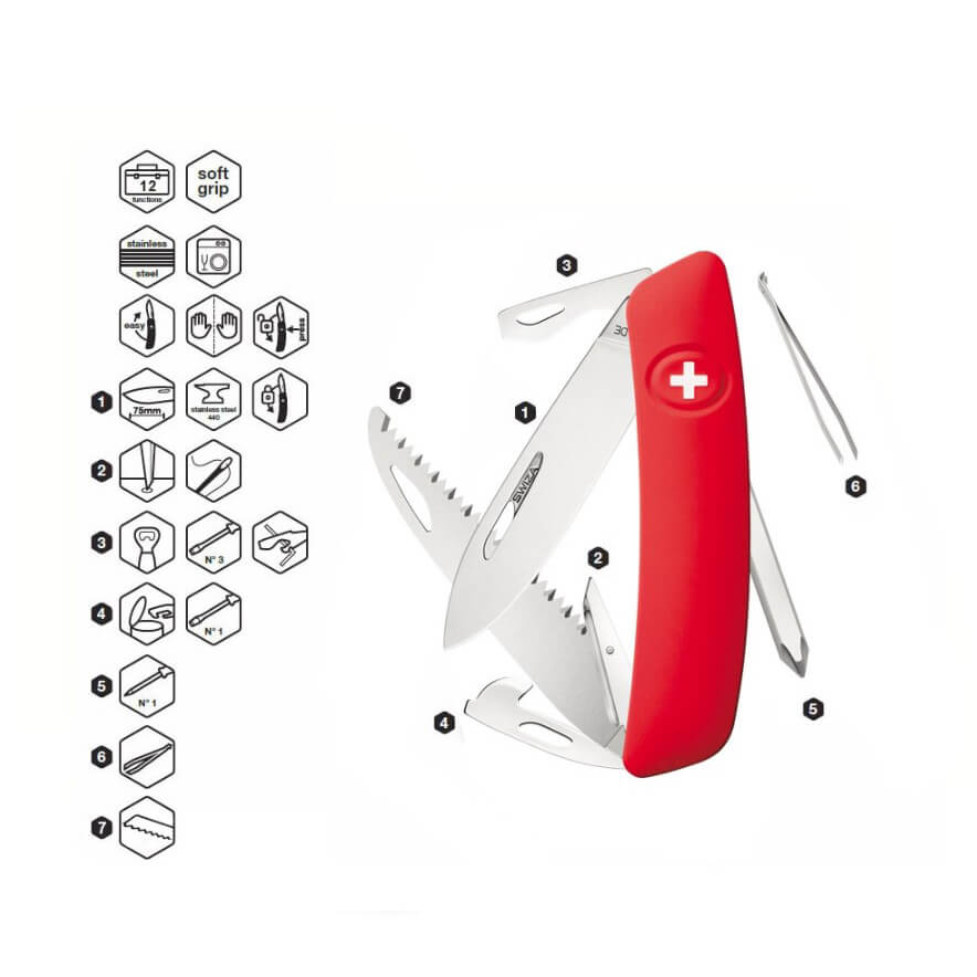 Navaja multiusos Swiza D06 rojo con 12 funciones KNI.0060.1000