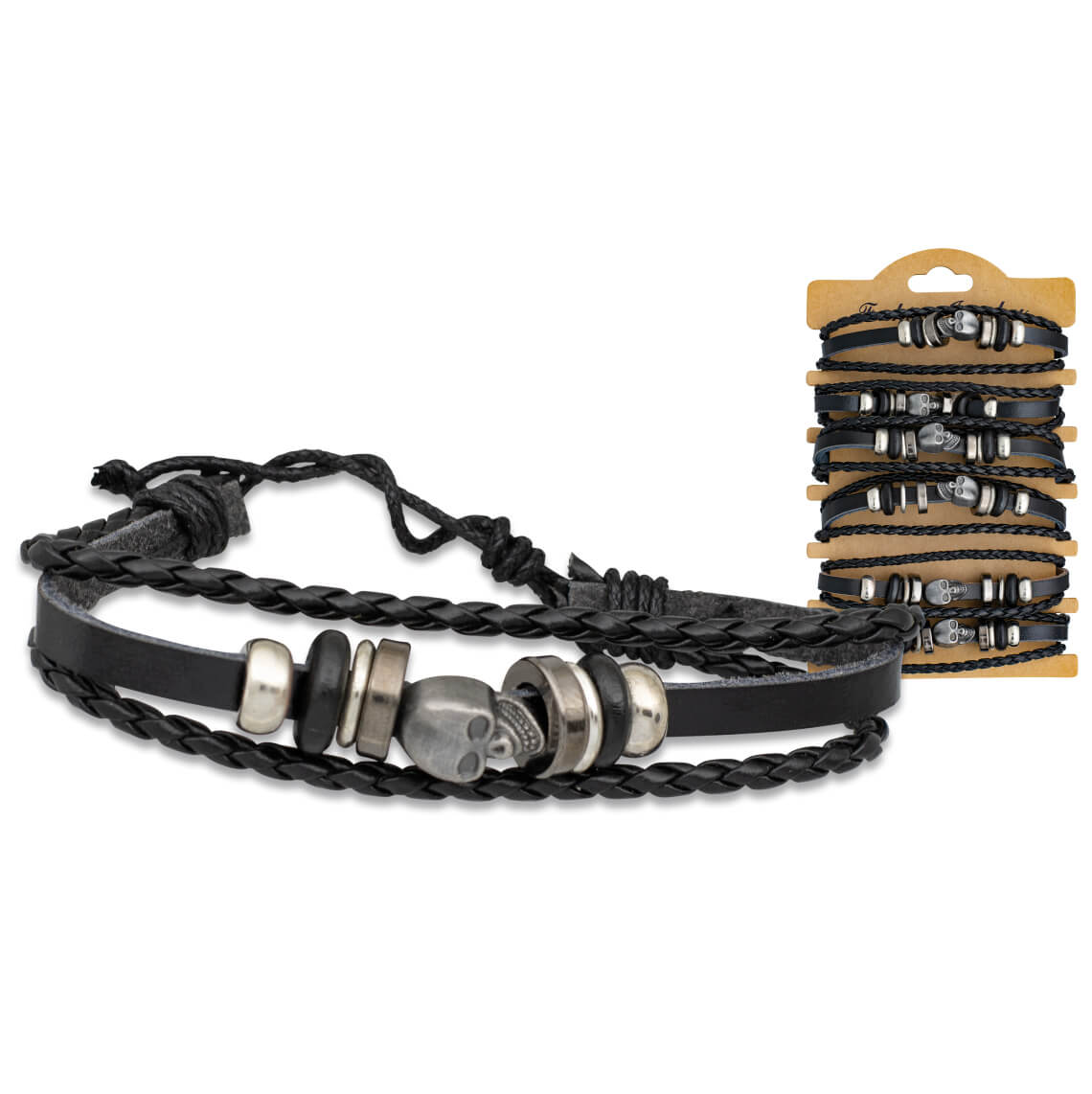 Pack de 6 pulseiras de couro sintético preto com caveira