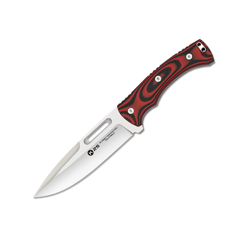 Cuchillo táctico K25 con hoja de 15 cm y mango de G10 rojo y negr...