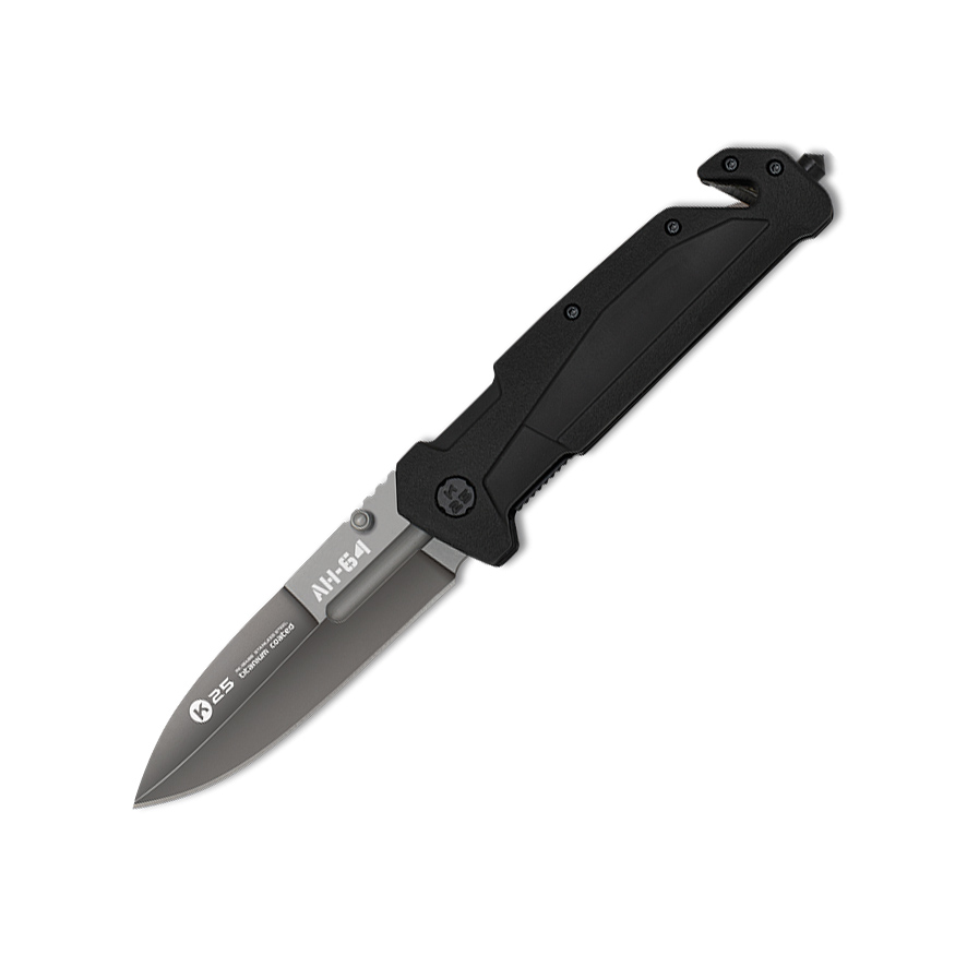 Navaja táctica AH64 con hoja de 9 cm y mango de goma negra con co...