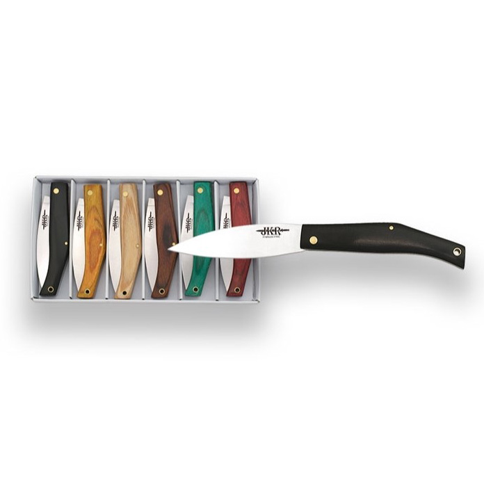 Lot de 6 couteaux de poche avec manches en bois pressé de différe...