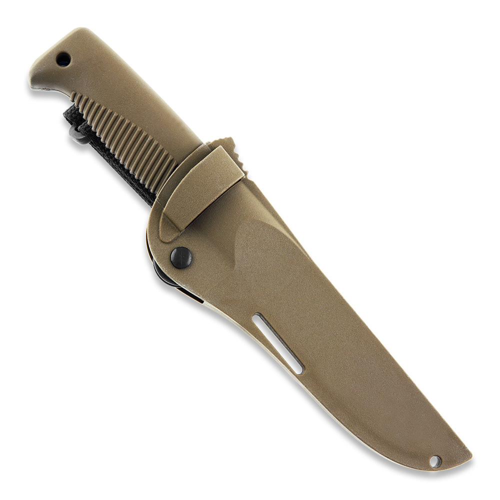 Cuchillo táctico M07 Ranger Puukko con hoja cerakote FDE de 11.9 cm, mango de TPE coyote y funda de composite coyote