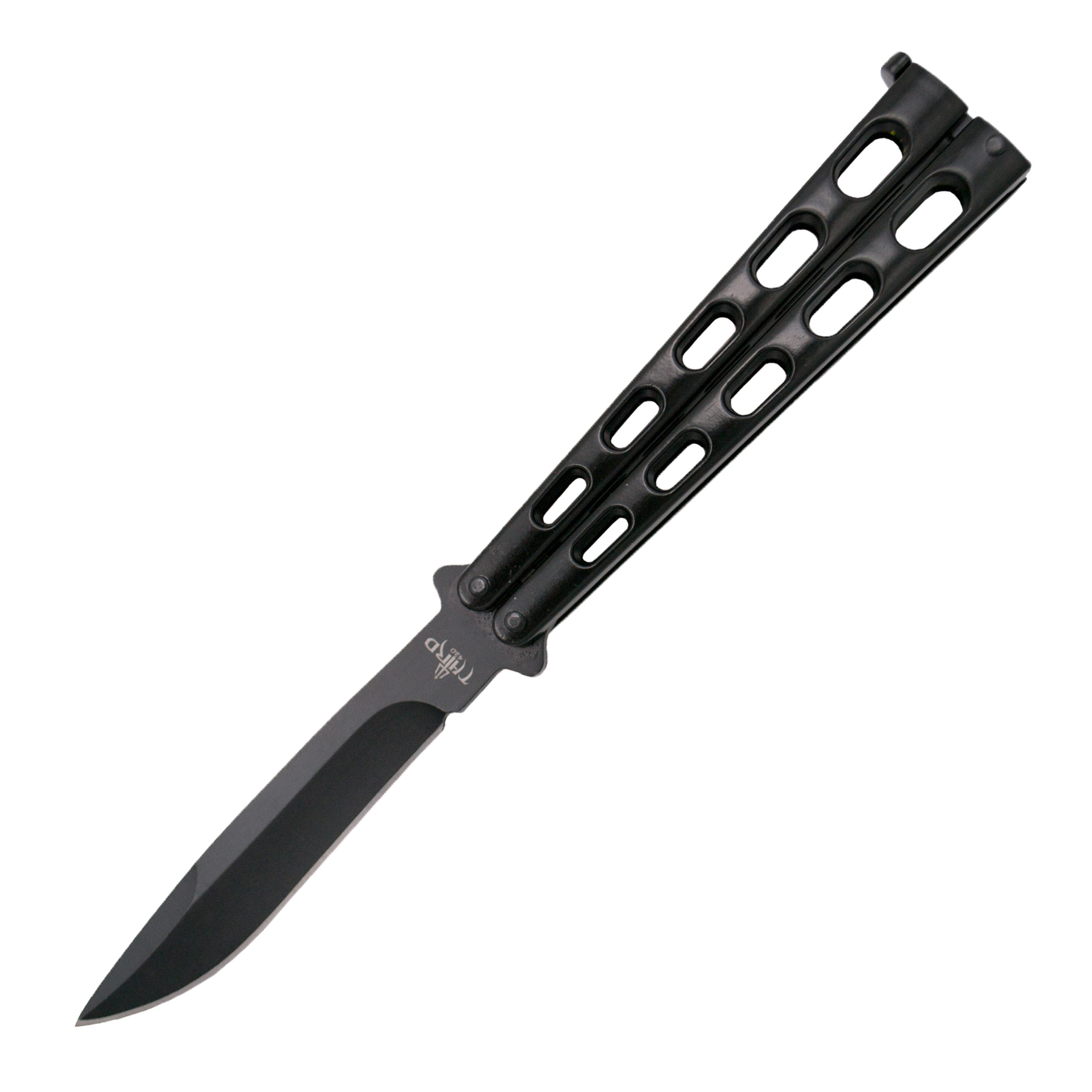 Butterfly pocket knife with holes and black finish handle