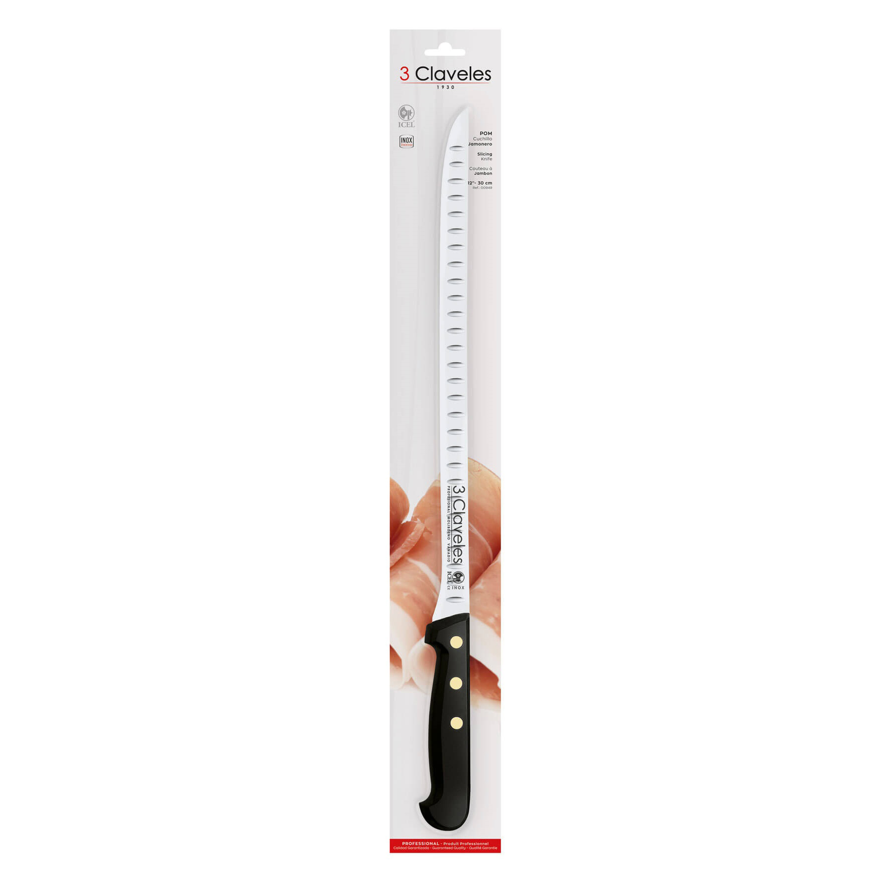 Cuchillo jamonero alveolado con mango pom y hoja de 30 cm 3 Claveles presentación en caja