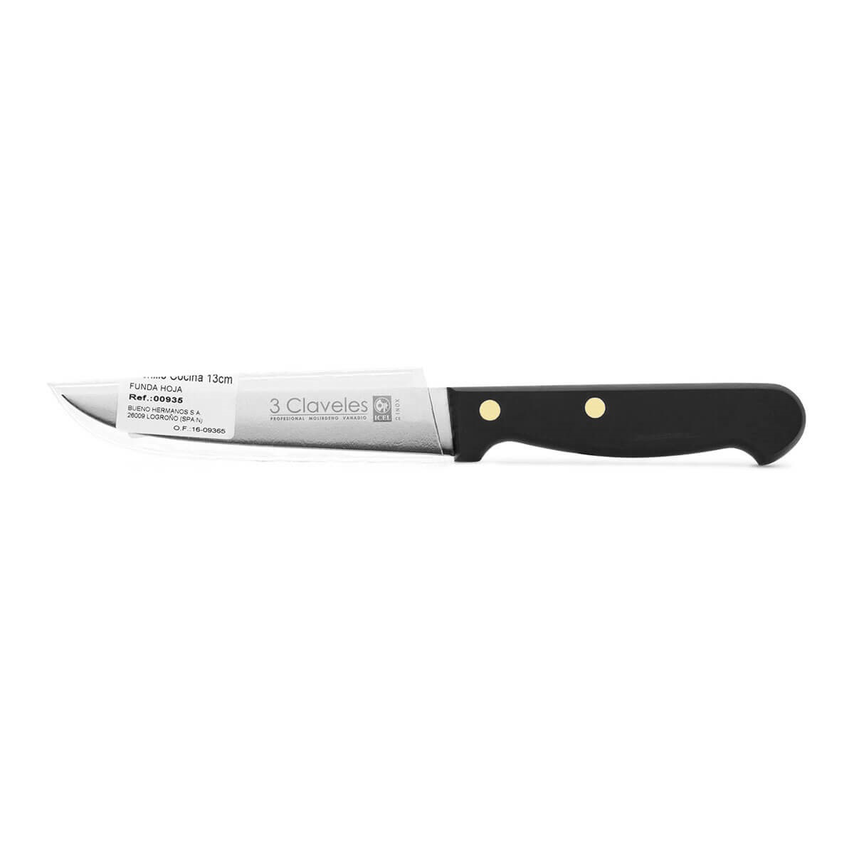 Cuchillo cocinero con hoja de 13,5 cm y mango pom 3 Claveles presentación funda de hoja