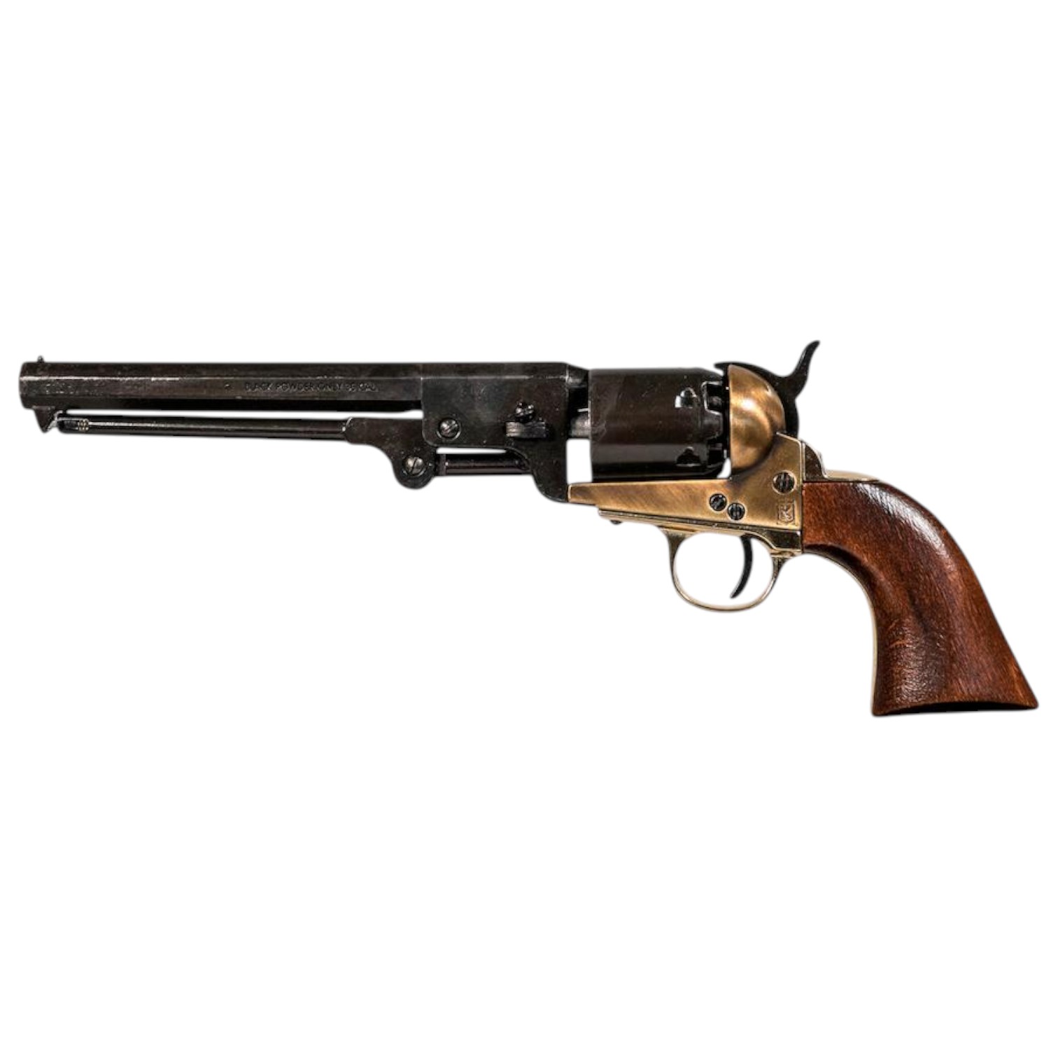 Réplica Colt Navy 1851 com cabos de madeira, metal preto e latão