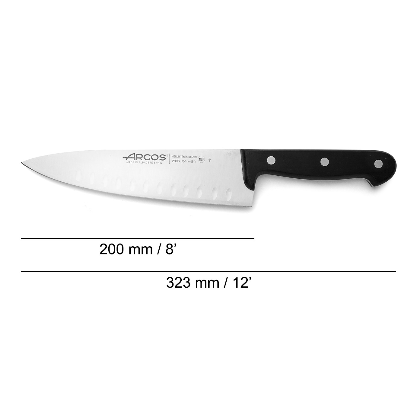 Faca de chef universal Arcos com lâmina oca de 20 cm e cabo em polioximetileno