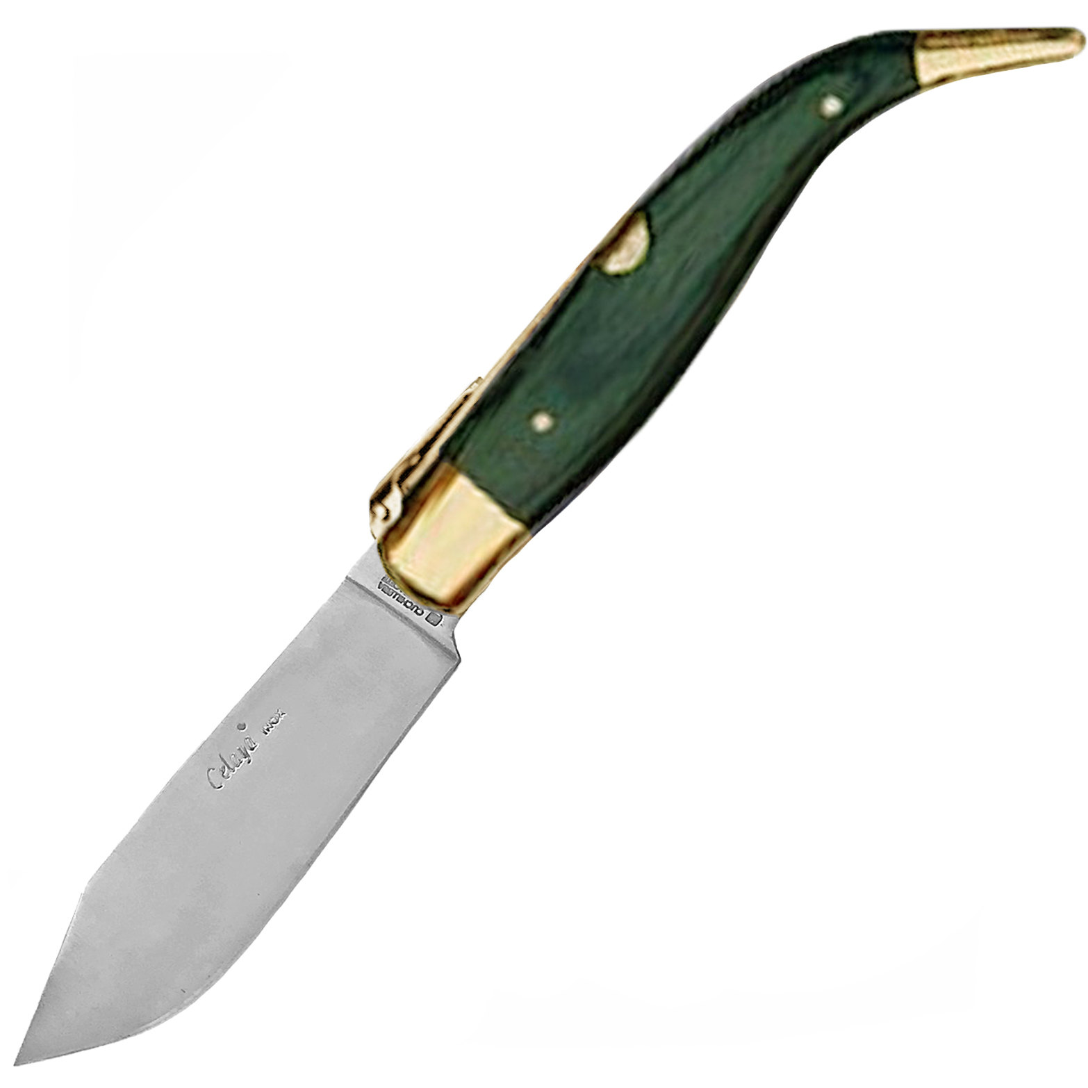 Pastora artisan penknife with green wooden handle and brass ferru...