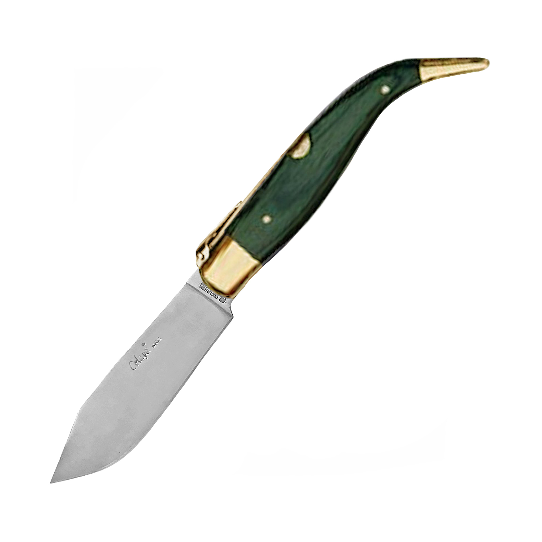 Canif artisanal Pastora avec manche en bois vert et virole en lai...
