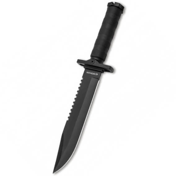 Faca de sobrevivencia com lamina bowie e parcialmente serrilhada