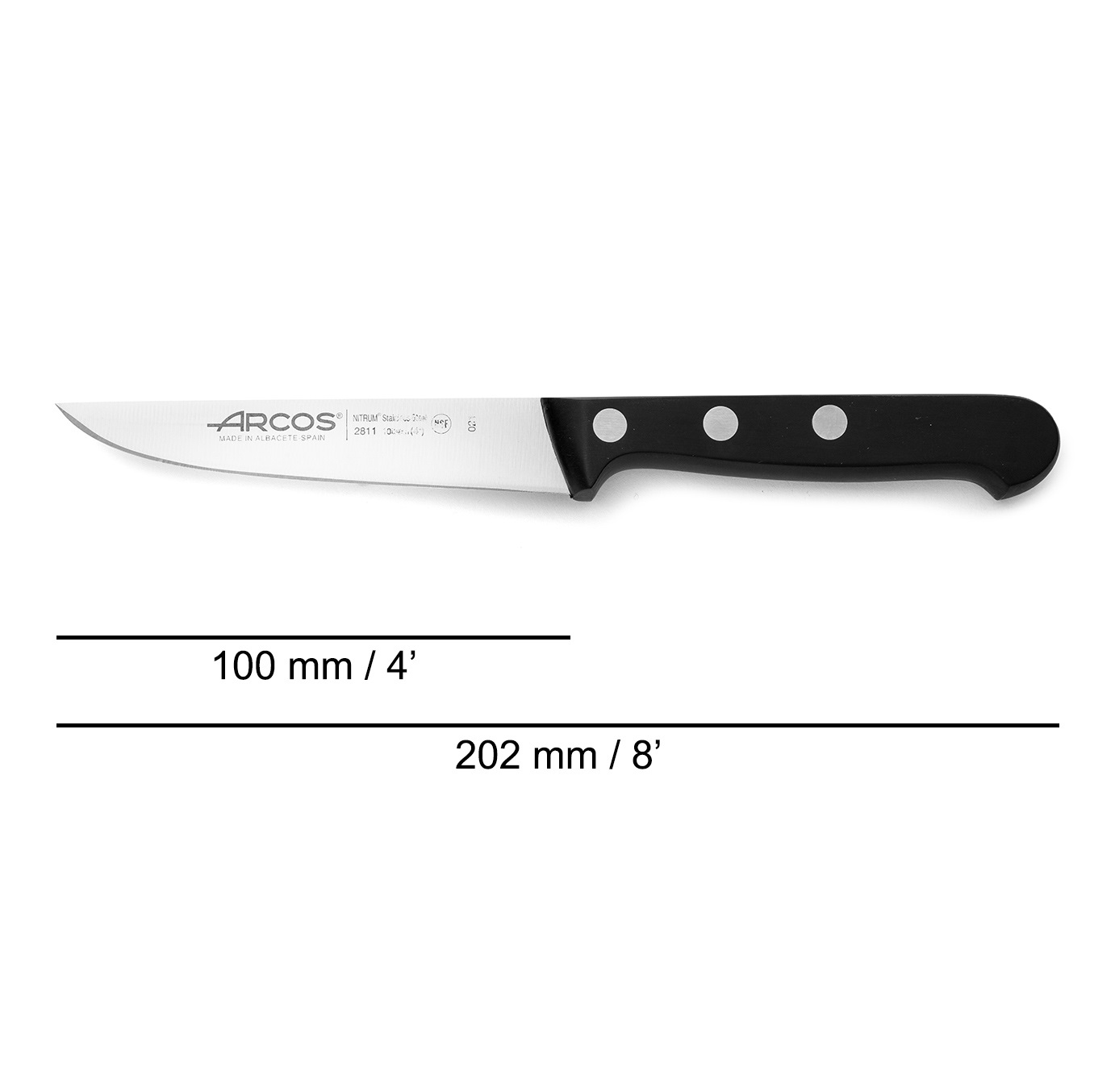 Arcos Universal Gemüsemesser mit schwarzem Polyoxymethylen-Griff und 100 mm Klinge