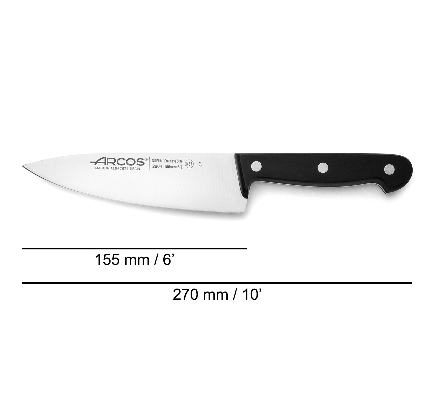 Arcos Universal chef's knife with black polyoxymethylene handle and wide 155 mm blade