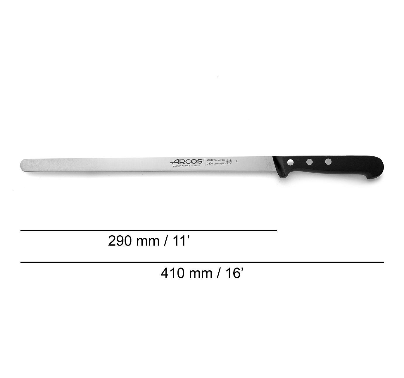 Arcos round-tip ham knife with a 29 cm blade, Universal series, and a polyoxymethylene handle.