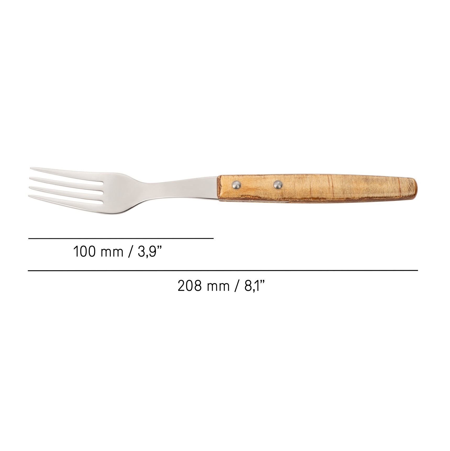 Conjunto de 12 garfos de mesa Arcos de 200 mm com cabo em madeira prensada castanho claro.