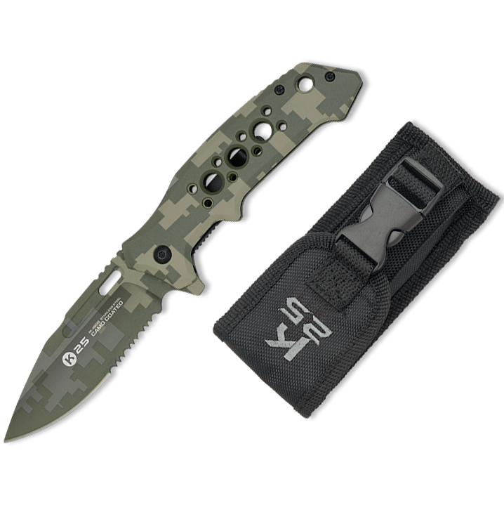K25 camouflage tactical knife with semiserrated blade