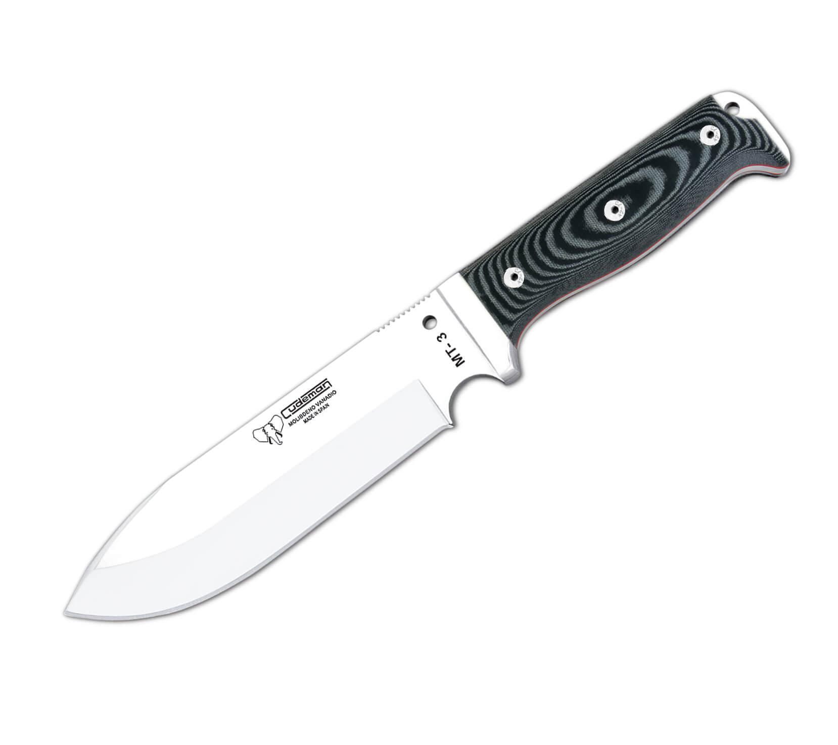 MT3 Cudeman-Messer. Griff aus schwarzem Micarta. Lederetui