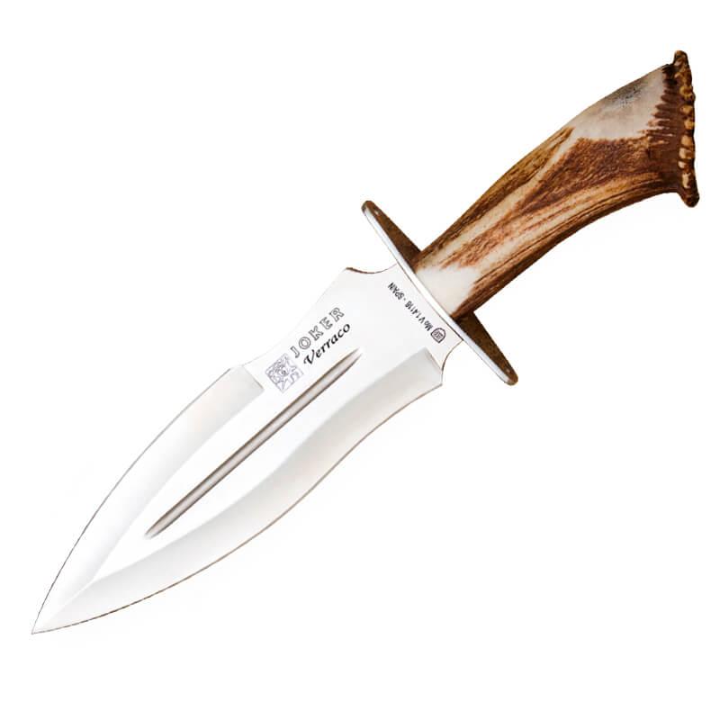 Cuchillo de caza Joker Verraco con puño de asta de ciervo con roseta y hoja de 26 cm
