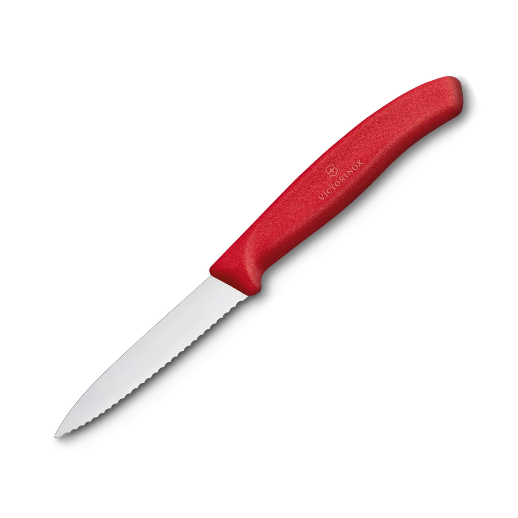 Victorinox Gemüsemesser mit rotem Griff mit Wellenschliff und zen...