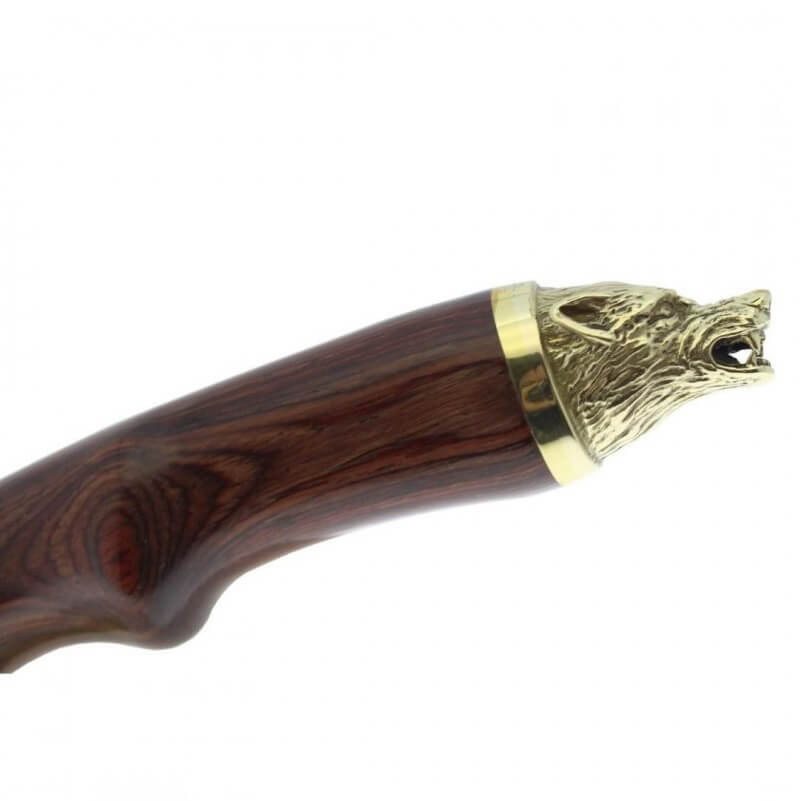 Cuchillo de caza Muela Wolf-16R con mango de madera prensada coral con cabeza de lobo decorativa
