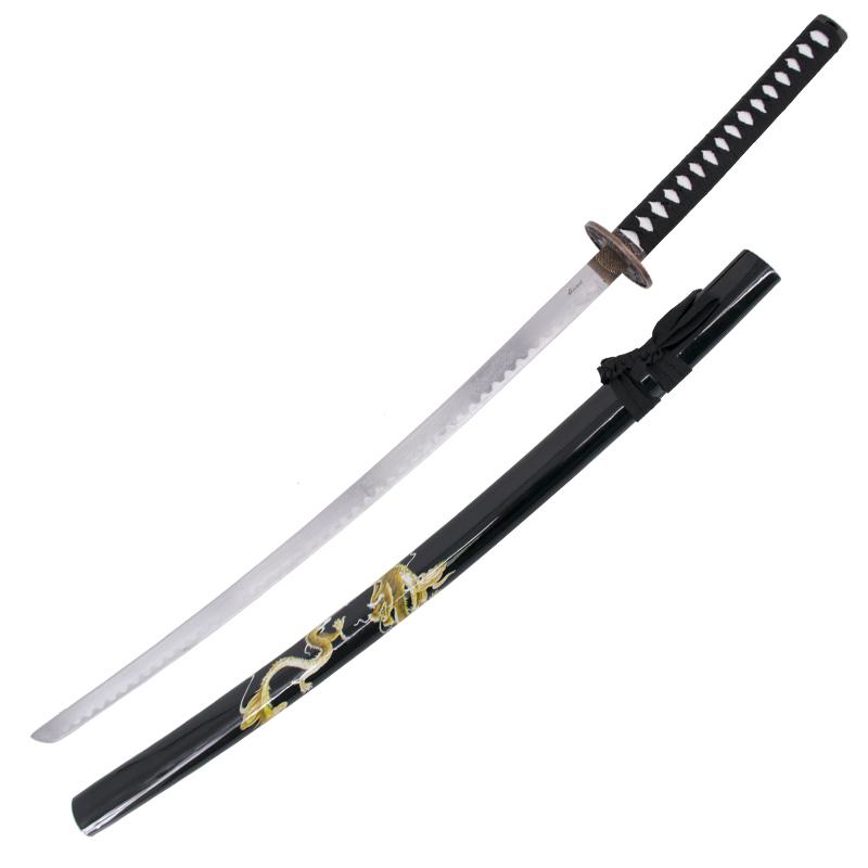 Katana décoratif avec fourreau noir avec dragon et poignée noire