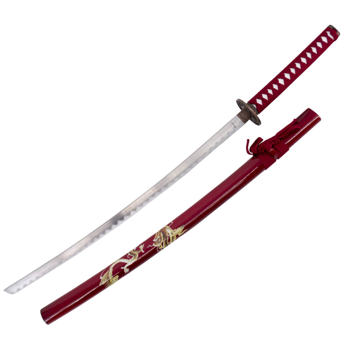 Katana décoratif avec fourreau rouge avec dragon et poignée rouge