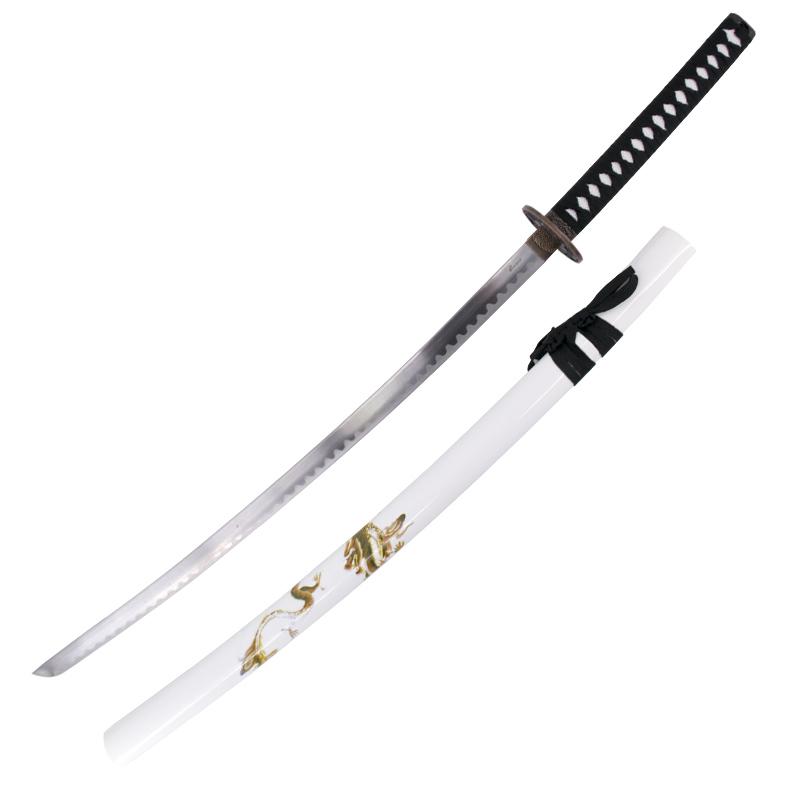 Katana décoratif avec fourreau blanc avec dragon et poignée noire