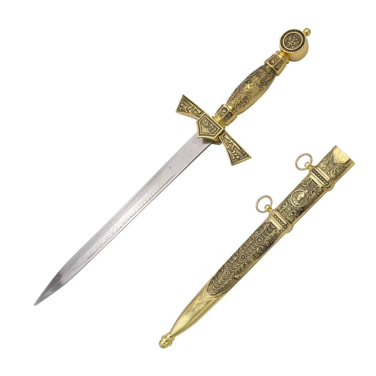 AK-47 dagger with pommel, guard and hilt in gold color and blade ...