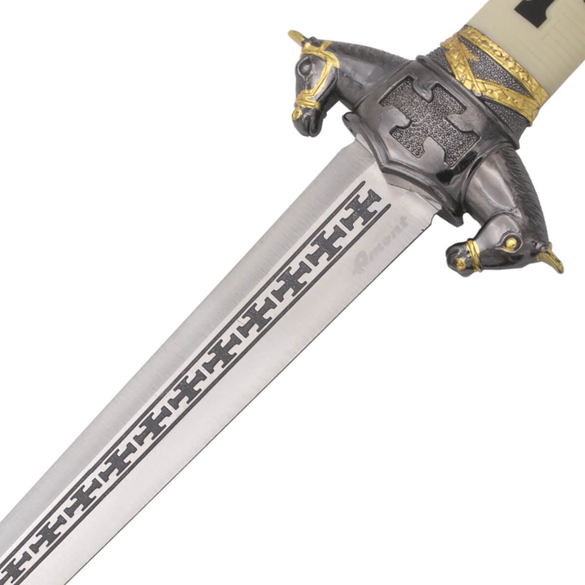 Punhal de cavaleiro medieval com pomo e guarda na cor níquel e folha com gravuras de 22 cm
