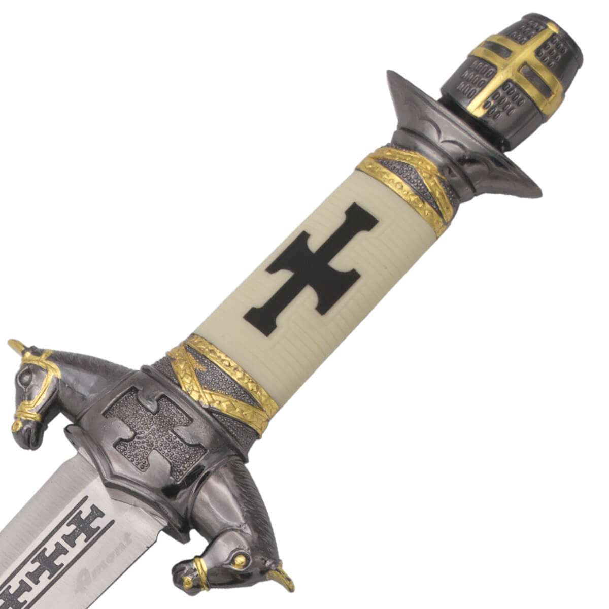 Punhal de cavaleiro medieval com pomo e guarda na cor níquel e folha com gravuras de 22 cm