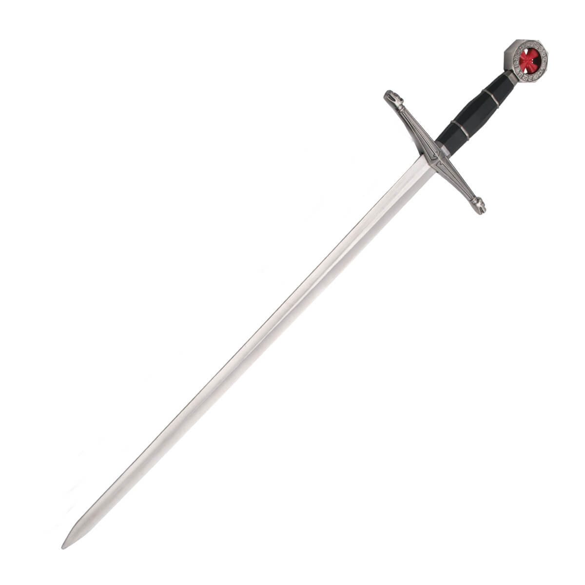 Espada templaria para cadete con pomo y guarda color níquel y empuñadura color negro