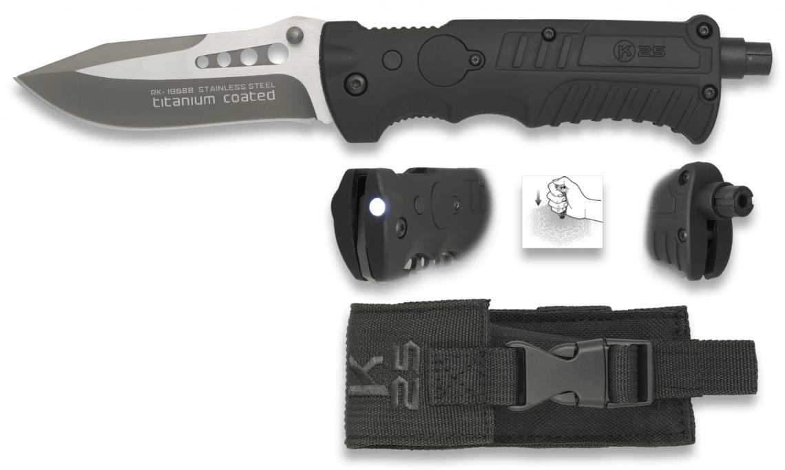 Couteau K25 avec manche SFL, brise-vitre, LED et lame recouverte ...