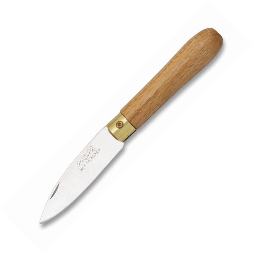 Navaja MAM con virola latón, mango de madera hoja de punta cortad...