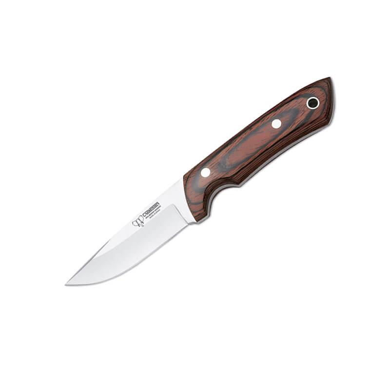 Cuchillo desollador con cachas de estamina. Hoja de acero Molibdeno Vanadio. Funda de cuero marrón.
