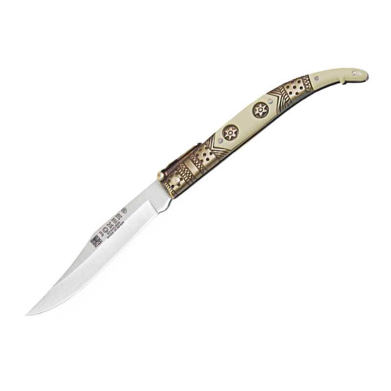 Navaja clásica Joker con puño de zamak blanco y dorado decorado y hoja