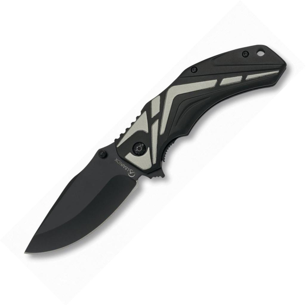 Albainox safety pocket knife with gray and black aluminum handle, clip
