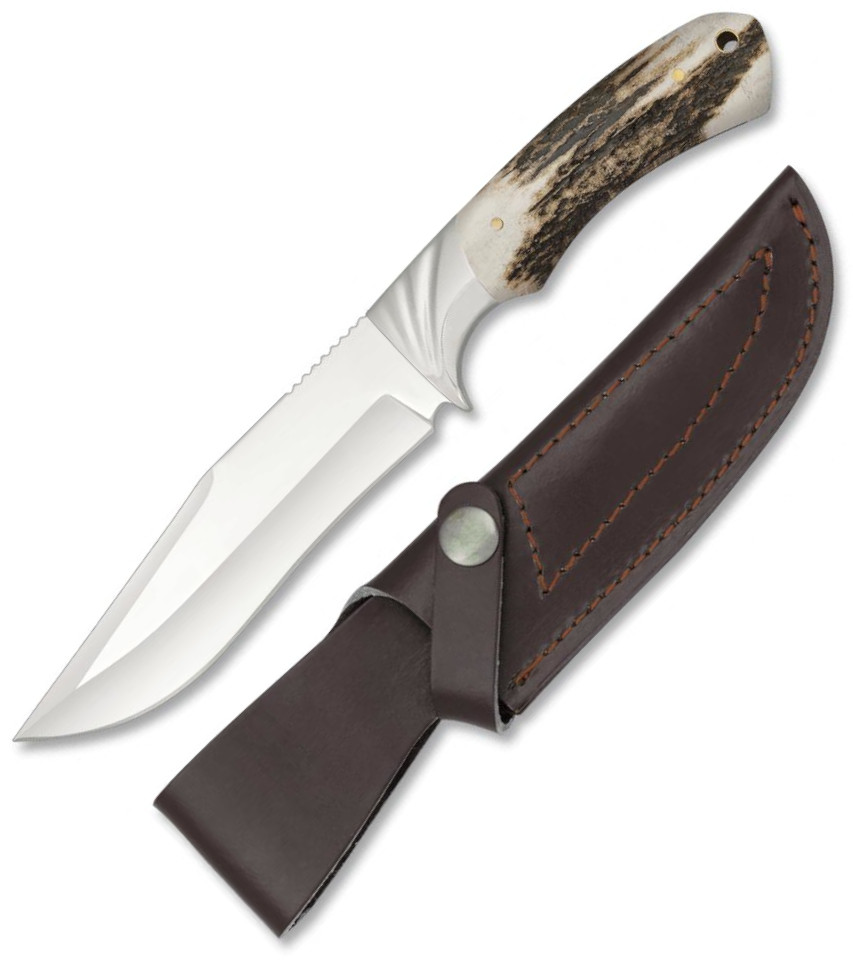 Albainox hunting knife with leather sheath, steel ferrule, deer handle